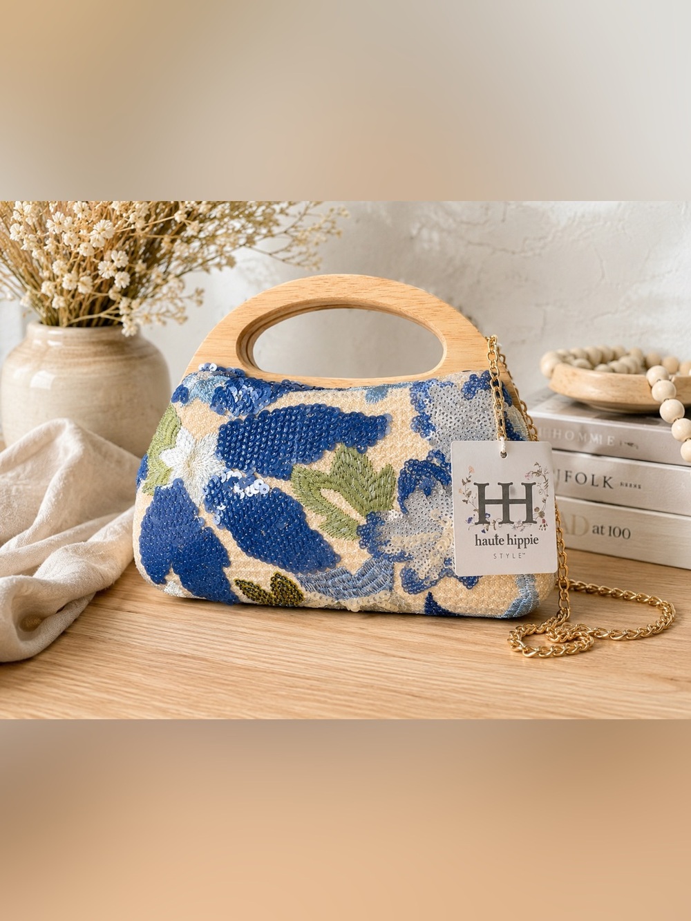 NWT Haute Hippie Beaded Floral Clutch Wood Handle Chain Bag Blue Cream